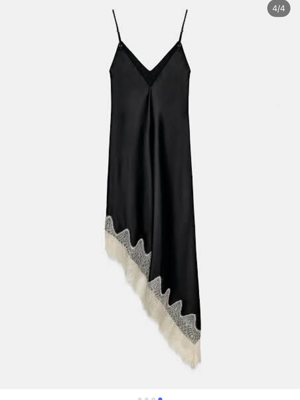 Zara Black Satin Asymmetrical Slip Dress with White Lace Trim - Picture 5 of 6